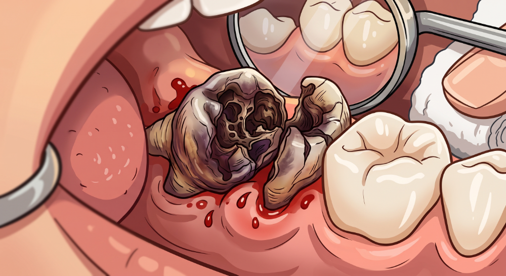 Clinical illustration of a severely decayed and infected wisdom tooth being examined with a dental mirror and gauze prior to extraction